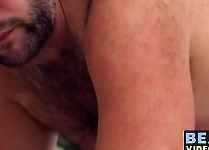 Hairy bear strokes his flannel thinking about being drilled